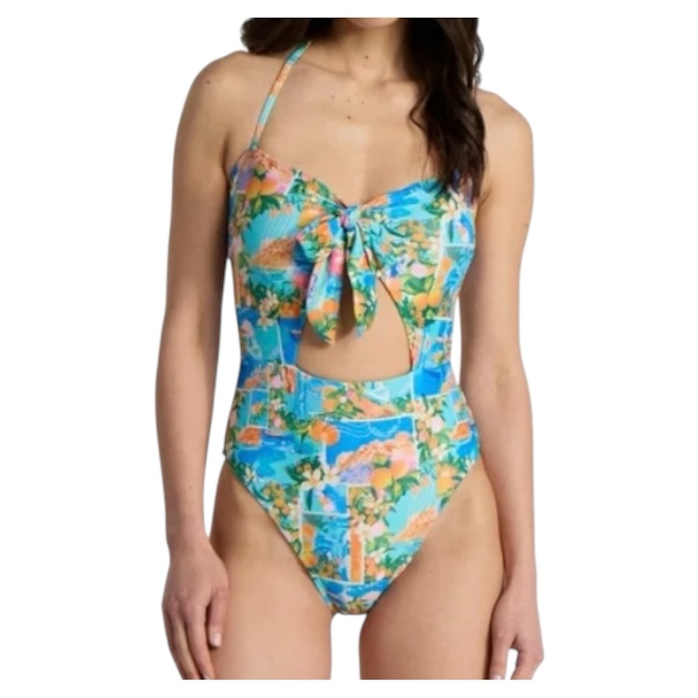 No Boundaries Postcard Printed Cutout One-Piece Swimsuit, Women's Size XXS (00)
